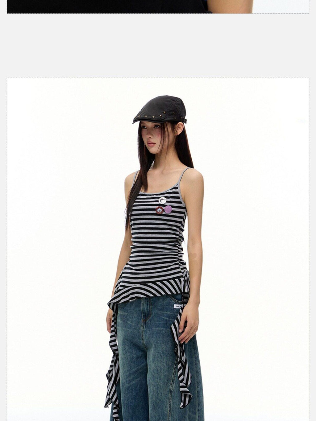 EZEK Striped Fringe Ribbon Slim Fit Asymmetric Women's Cotton Tank Tops
