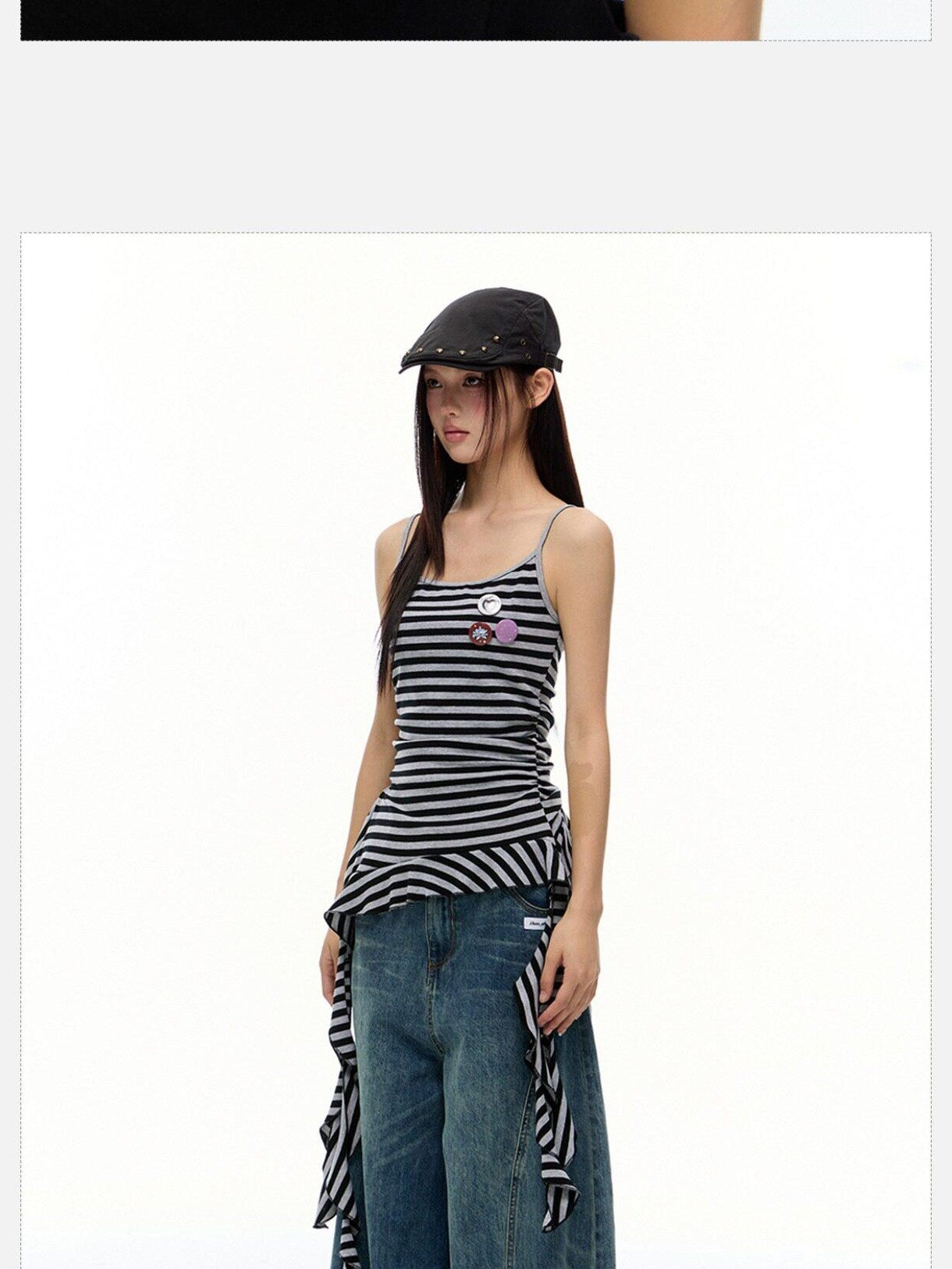 EZEK Striped Fringe Ribbon Slim Fit Asymmetric Women's Cotton Tank Tops