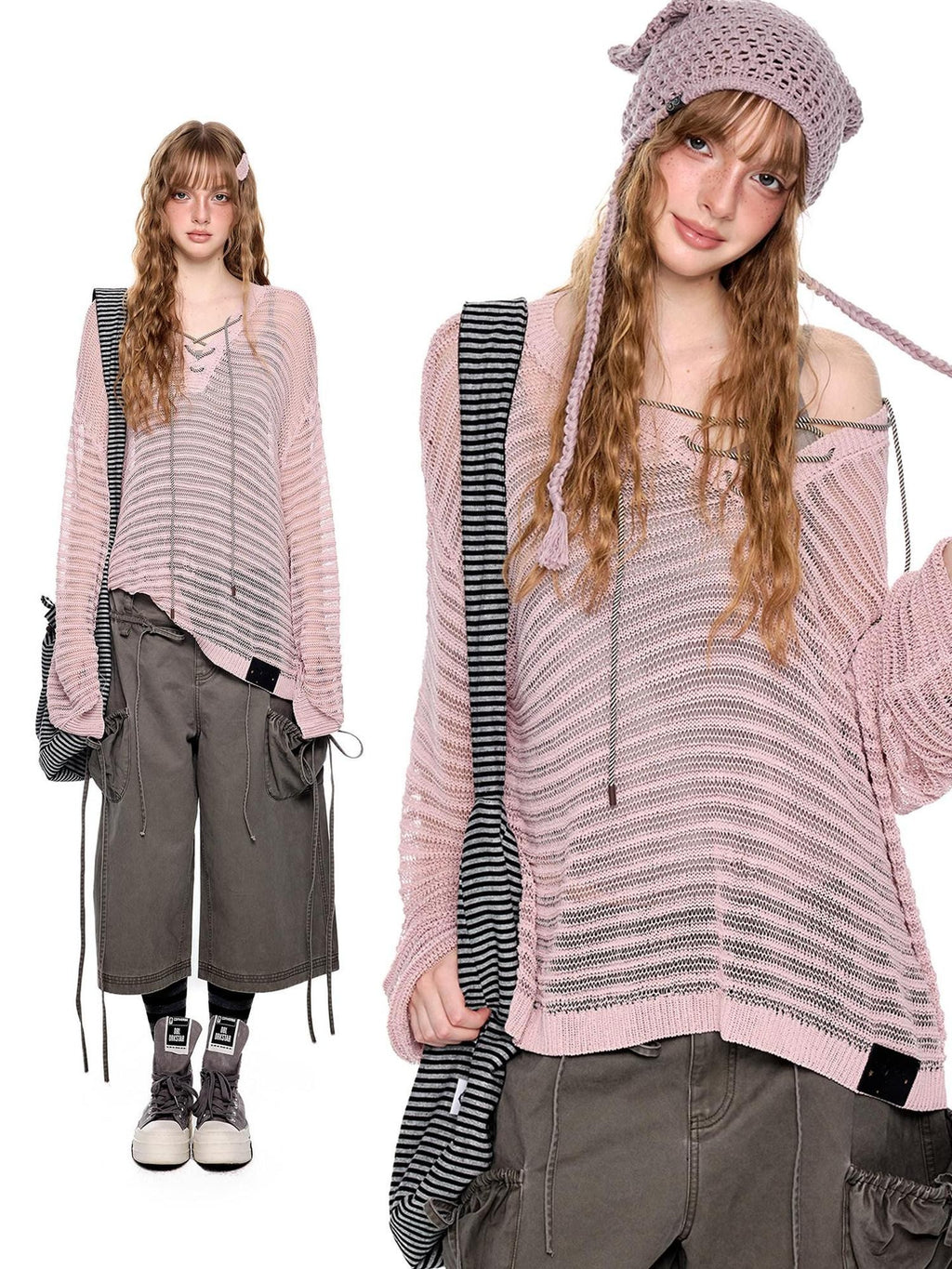 EZEK Striped Hollow Lace Up Henley Women's Acrylic Nylon Blend Long Sleeve T-shirts