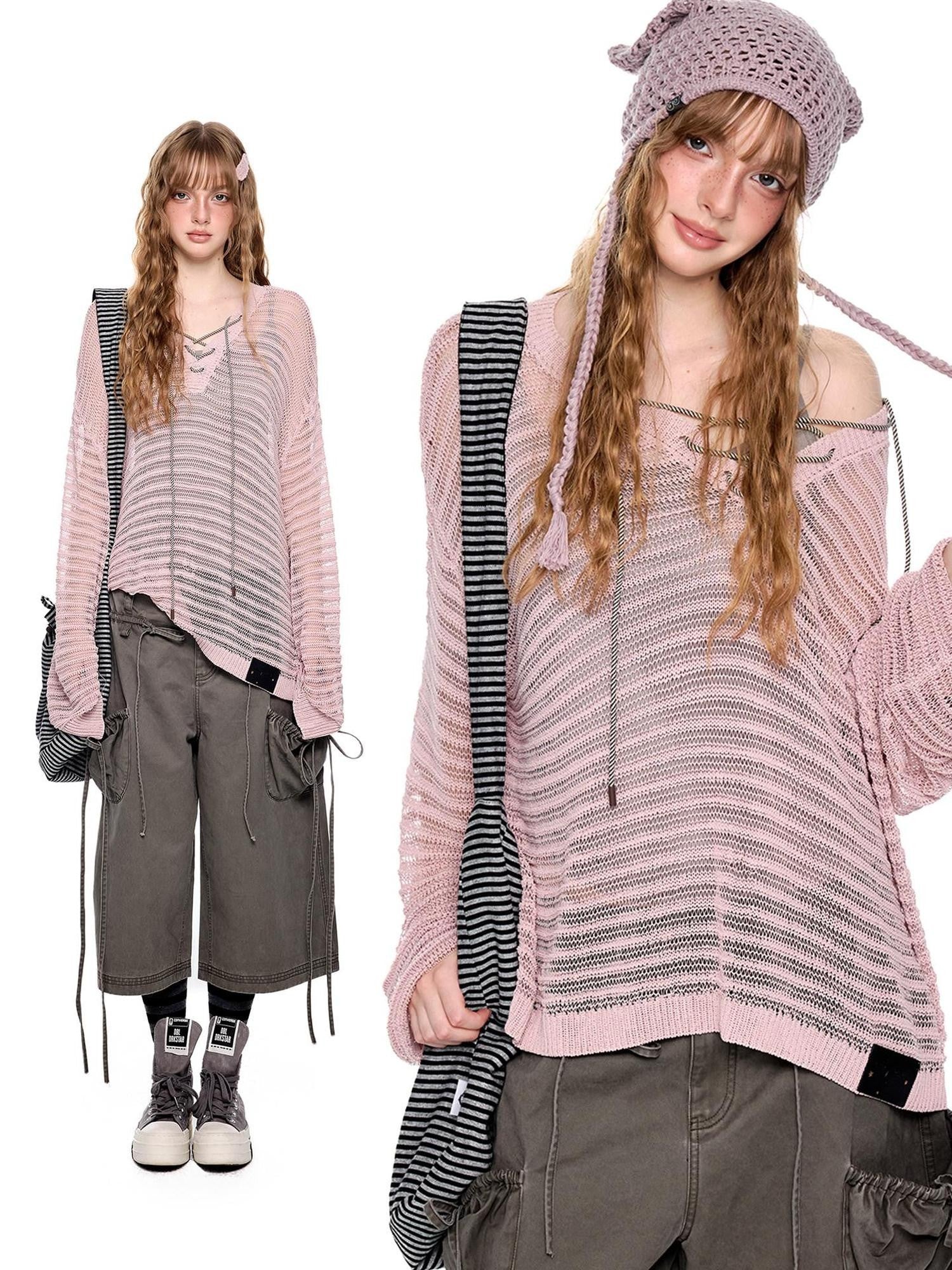 EZEK Striped Hollow Lace Up Henley Women's Acrylic Nylon Blend Long Sleeve T-shirts