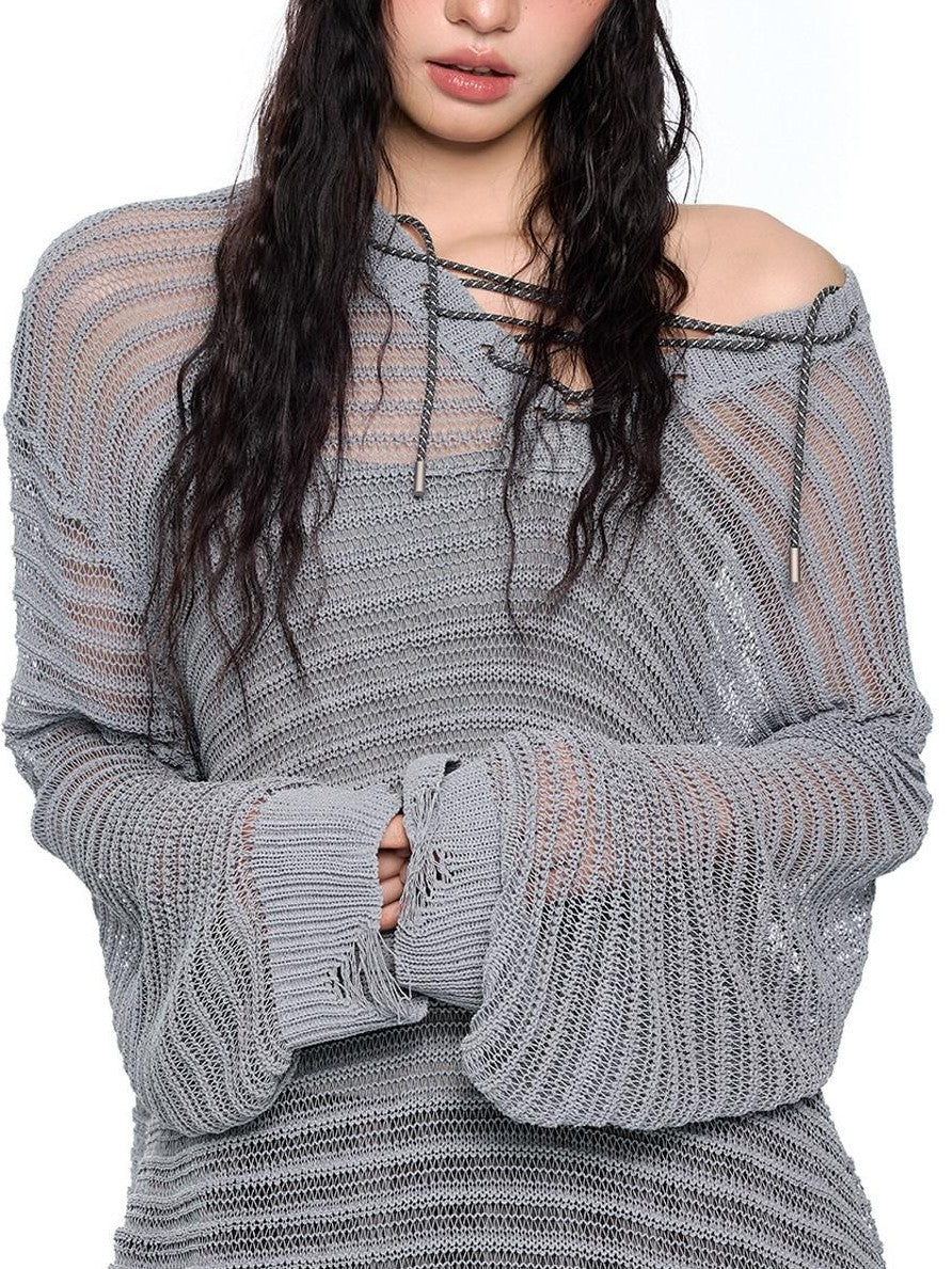 EZEK Striped Hollow Lace Up Henley Women's Acrylic Nylon Blend Long Sleeve T-shirts