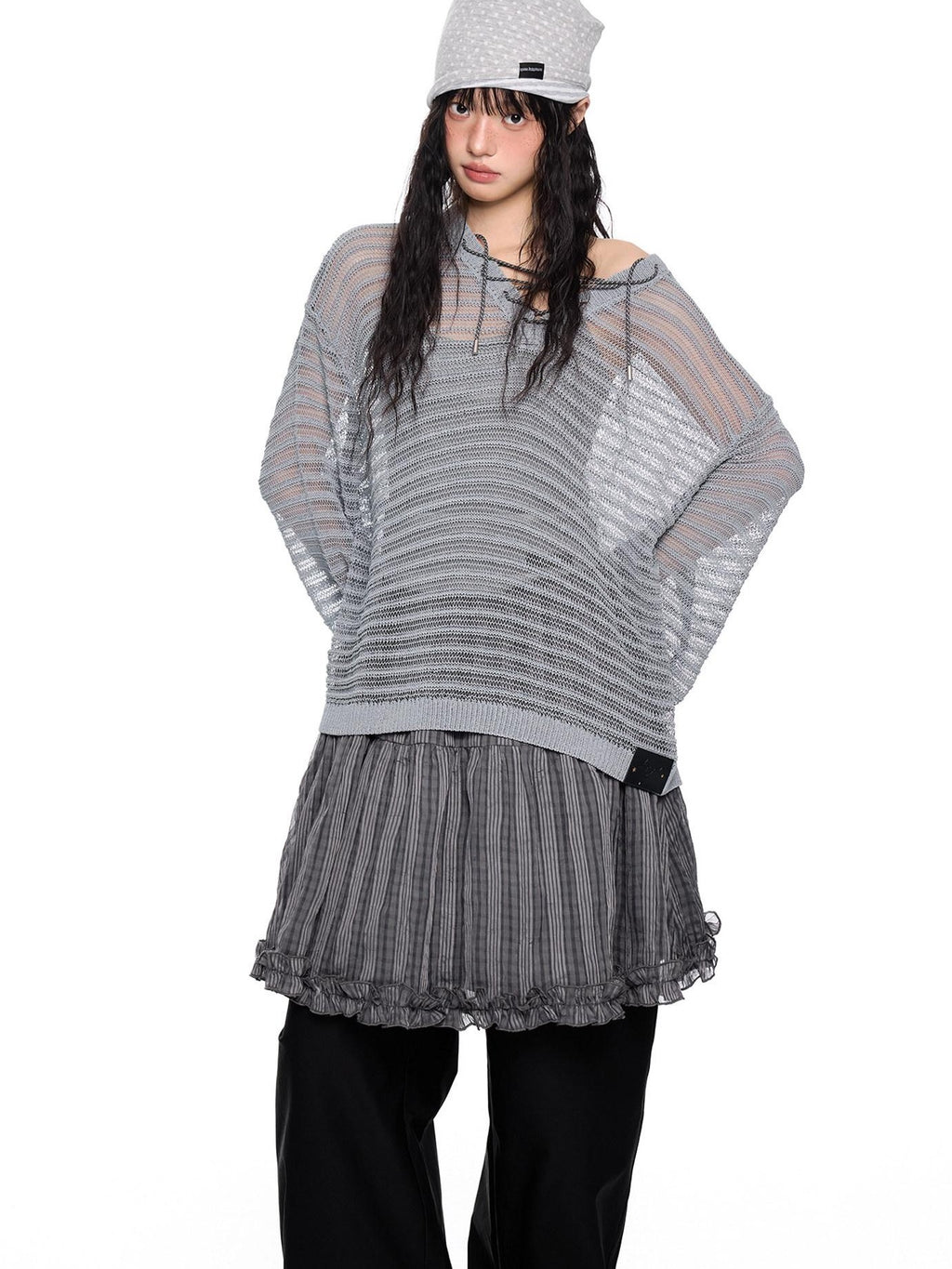 EZEK Striped Hollow Lace Up Henley Women's Acrylic Nylon Blend Long Sleeve T-shirts