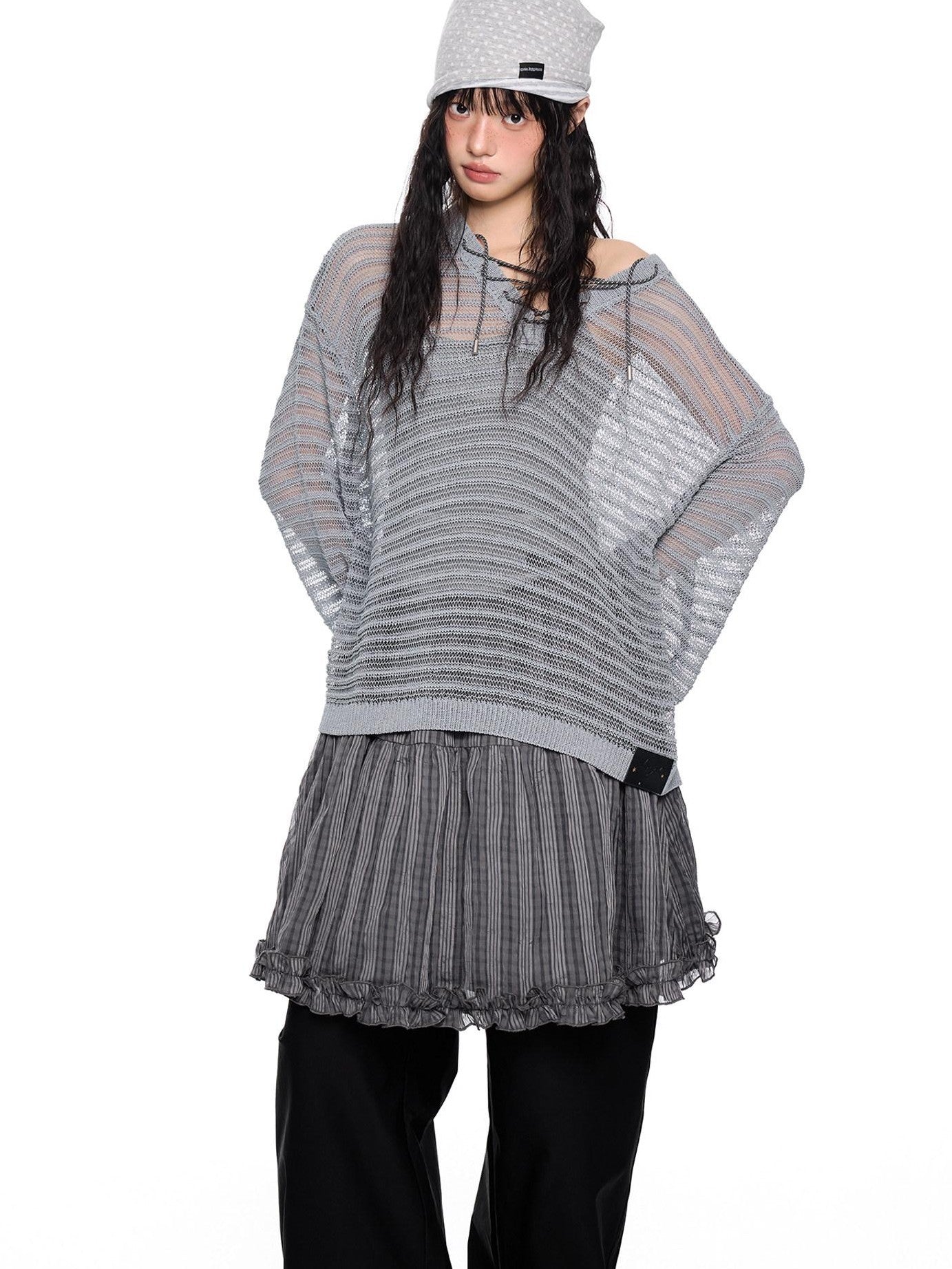 EZEK Striped Hollow Lace Up Henley Women's Acrylic Nylon Blend Long Sleeve T-shirts