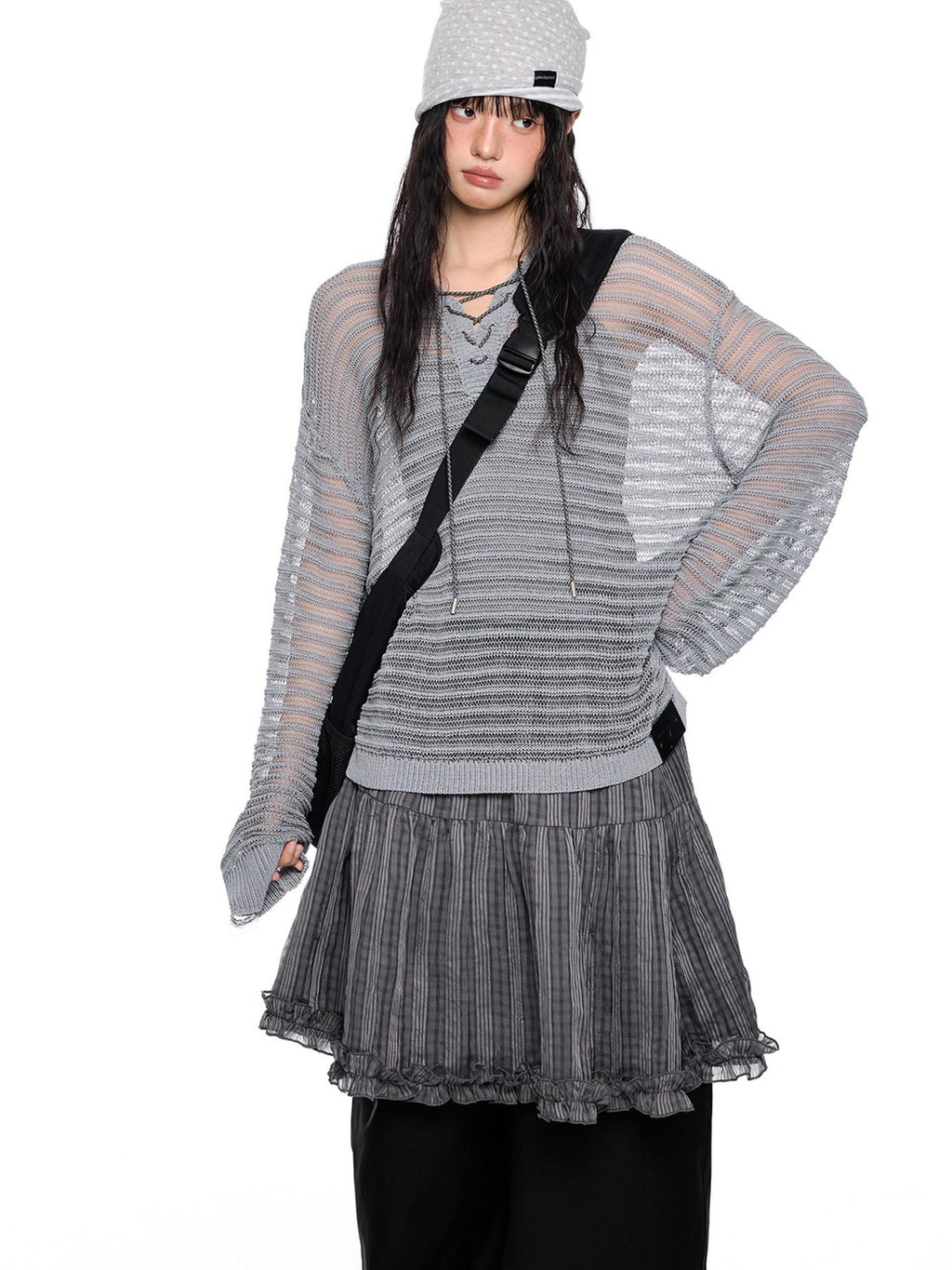 EZEK Striped Hollow Lace Up Henley Women's Acrylic Nylon Blend Long Sleeve T-shirts