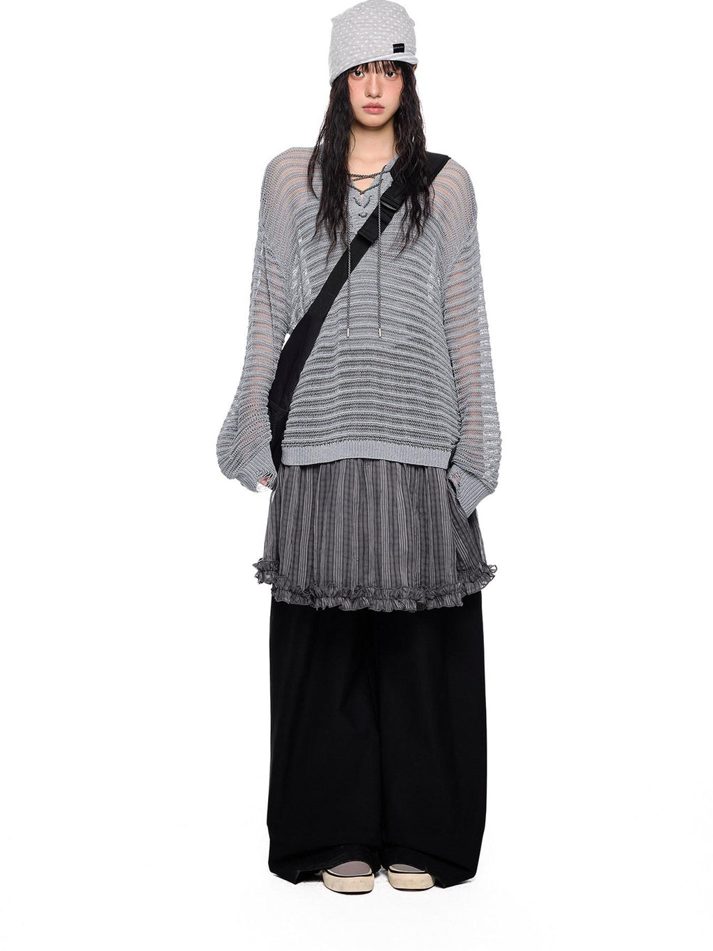 EZEK Striped Hollow Lace Up Henley Women's Acrylic Nylon Blend Long Sleeve T-shirts