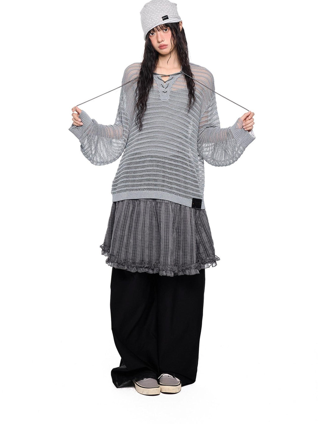 EZEK Striped Hollow Lace Up Henley Women's Acrylic Nylon Blend Long Sleeve T-shirts