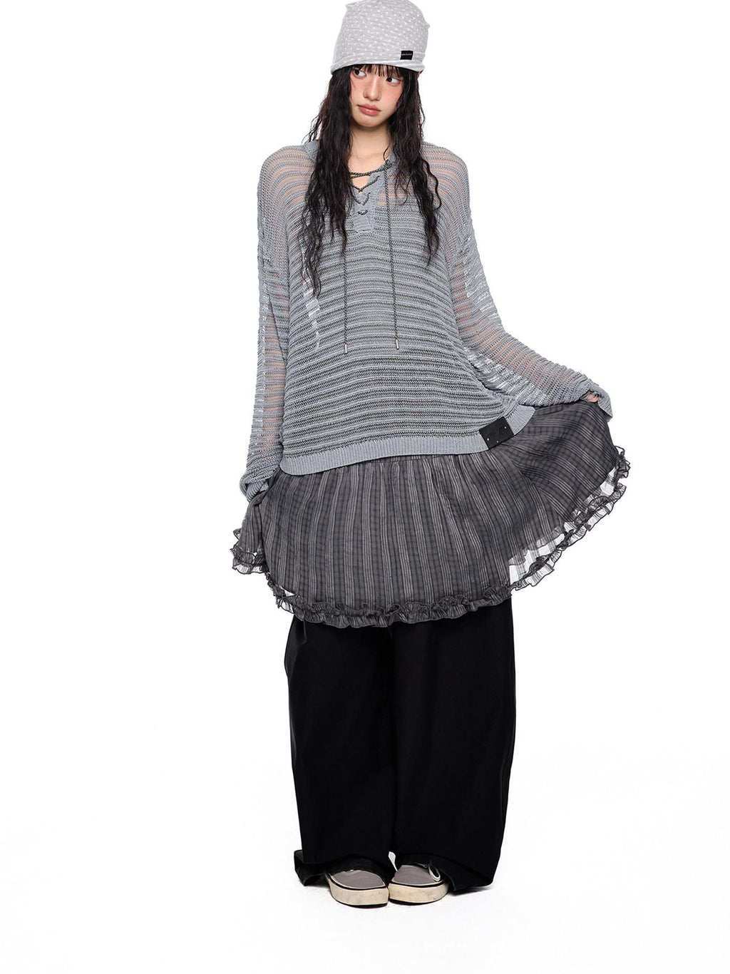 EZEK Striped Hollow Lace Up Henley Women's Acrylic Nylon Blend Long Sleeve T-shirts