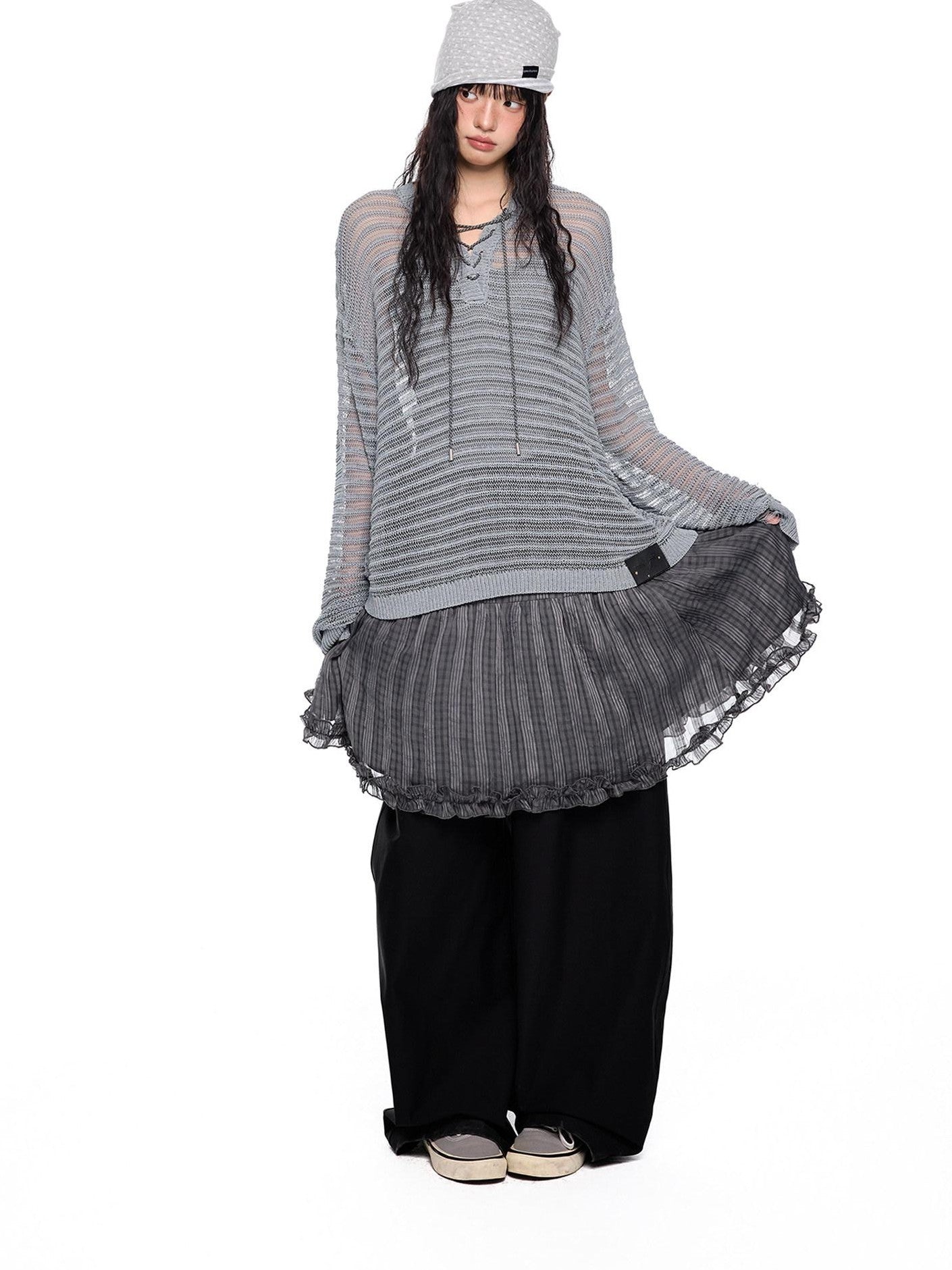 EZEK Striped Hollow Lace Up Henley Women's Acrylic Nylon Blend Long Sleeve T-shirts