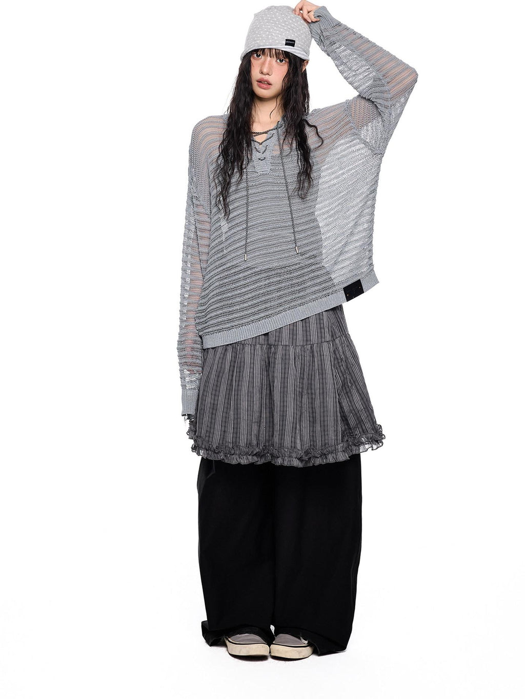 EZEK Striped Hollow Lace Up Henley Women's Acrylic Nylon Blend Long Sleeve T-shirts