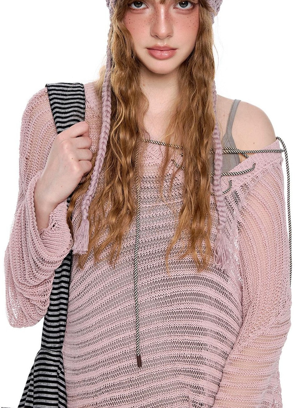 EZEK Striped Hollow Lace Up Henley Women's Acrylic Nylon Blend Long Sleeve T-shirts