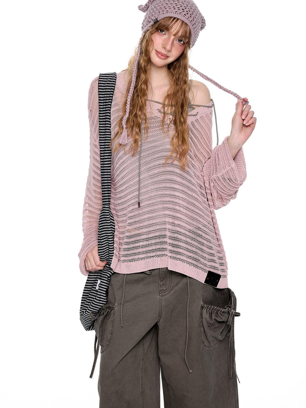EZEK Striped Hollow Lace Up Henley Women's Acrylic Nylon Blend Long Sleeve T-shirts