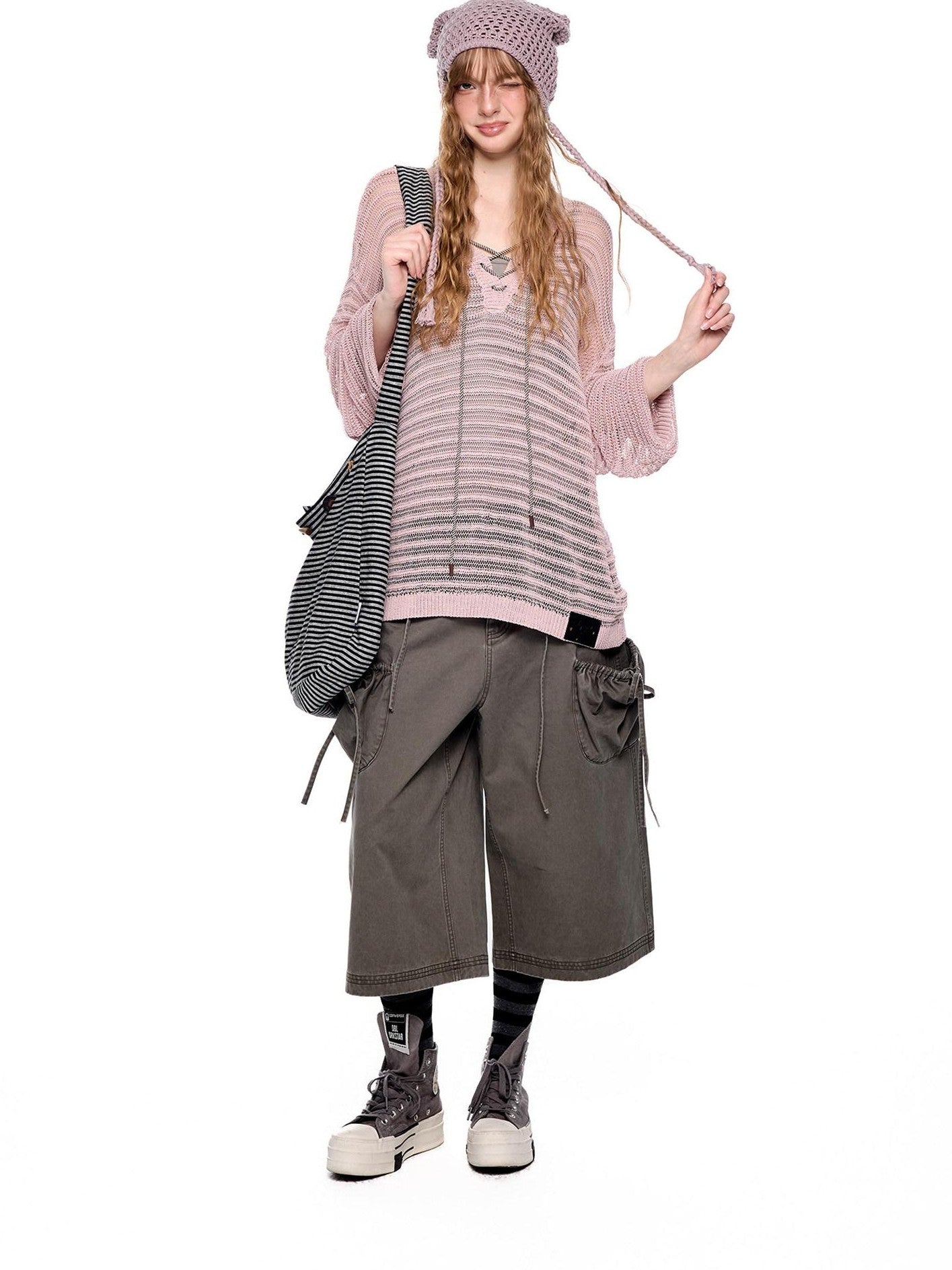 EZEK Striped Hollow Lace Up Henley Women's Acrylic Nylon Blend Long Sleeve T-shirts