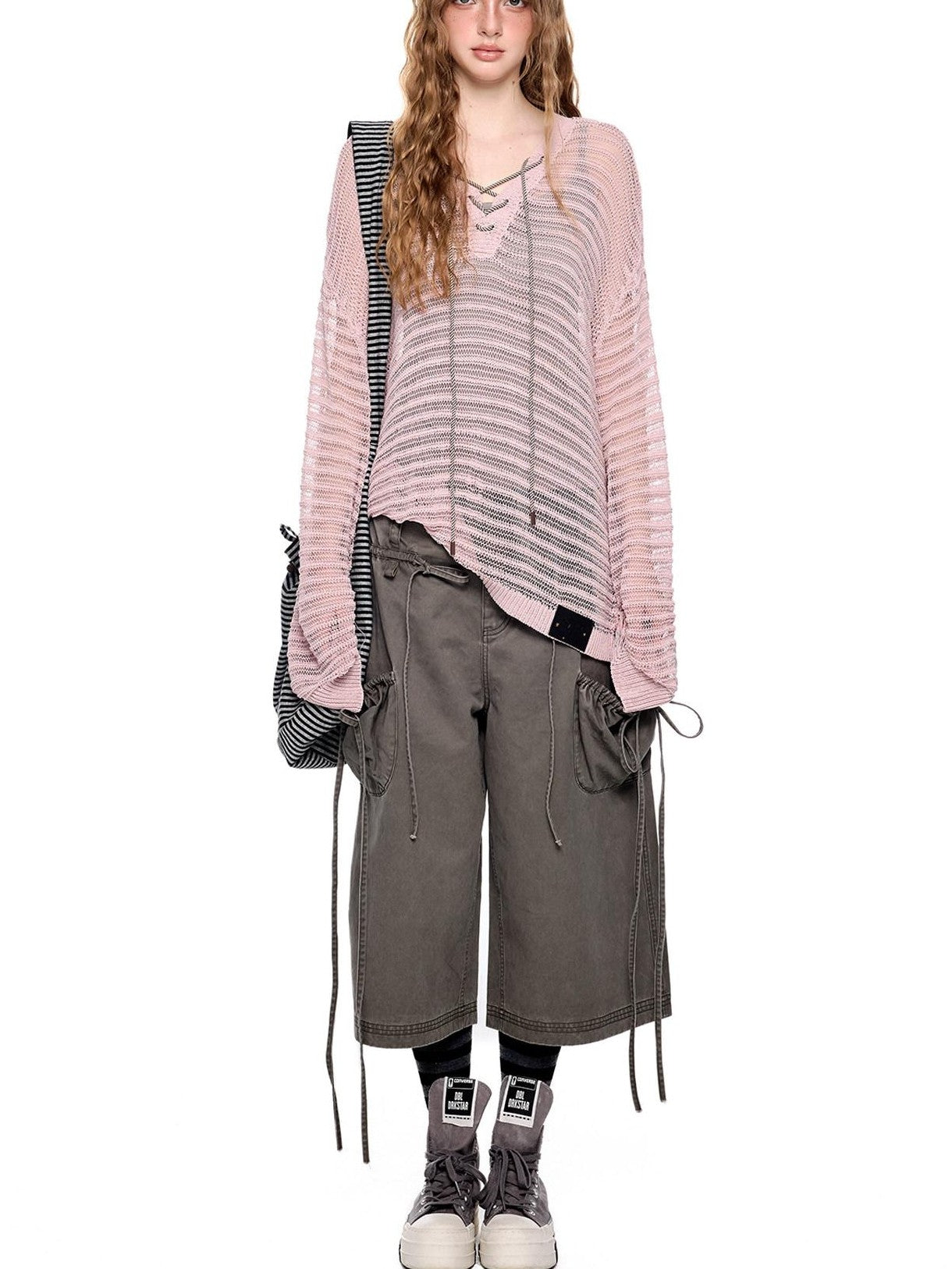 EZEK Striped Hollow Lace Up Henley Women's Acrylic Nylon Blend Long Sleeve T-shirts