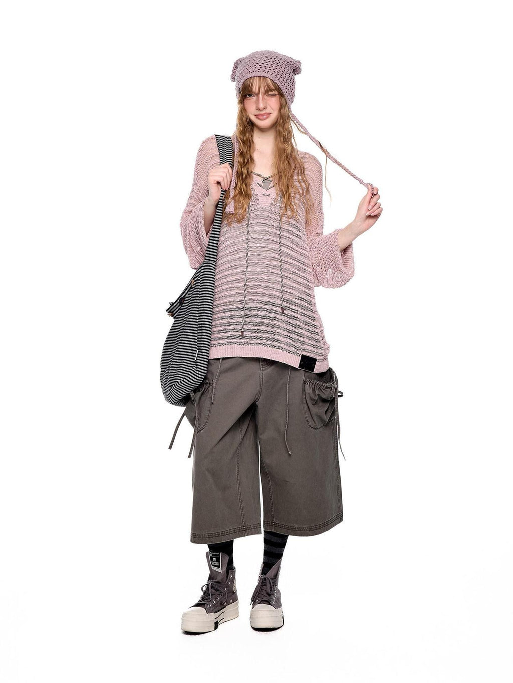 EZEK Striped Hollow Lace Up Henley Women's Acrylic Nylon Blend Long Sleeve T-shirts