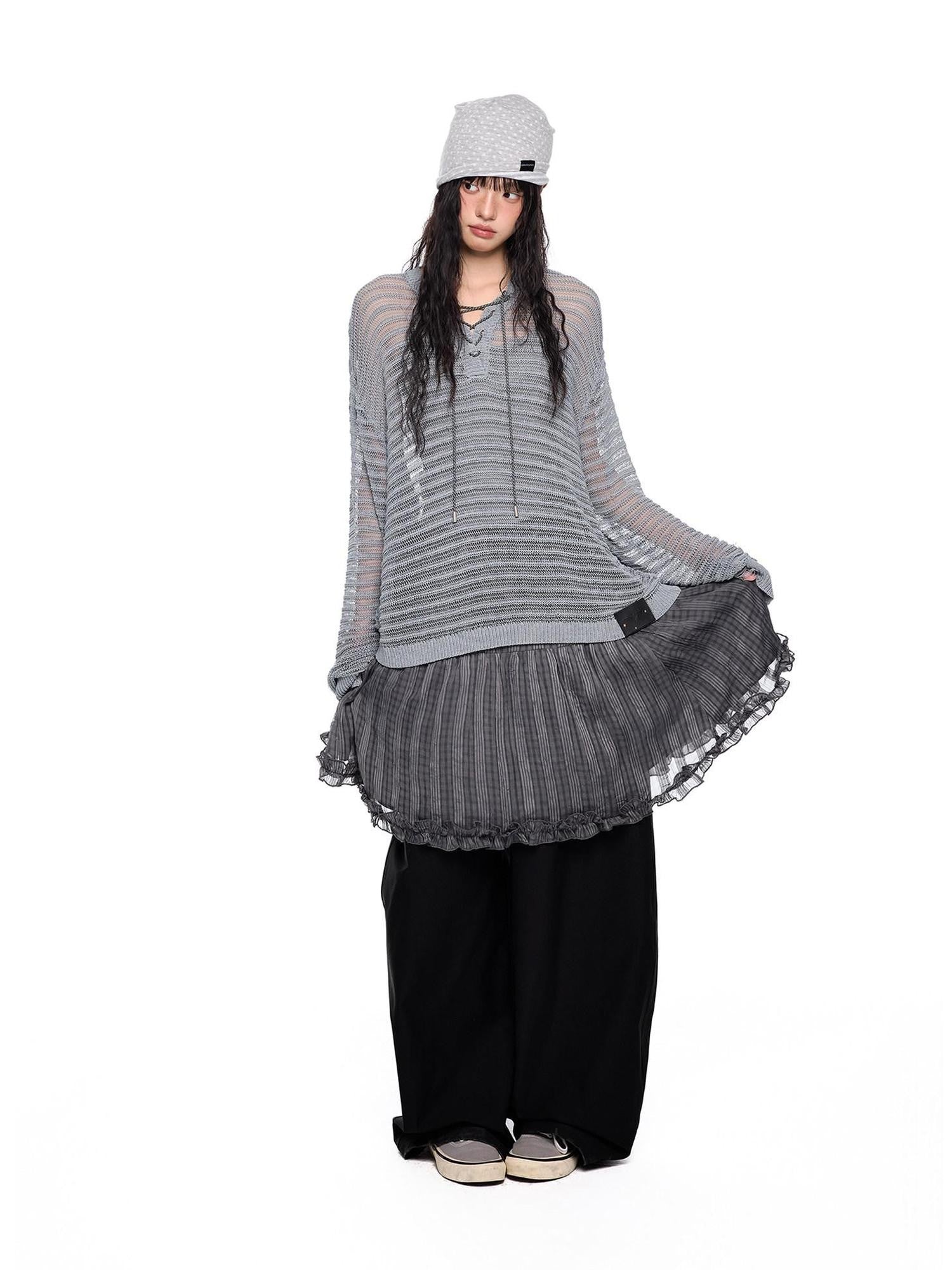 EZEK Striped Hollow Lace Up Henley Women's Acrylic Nylon Blend Long Sleeve T-shirts