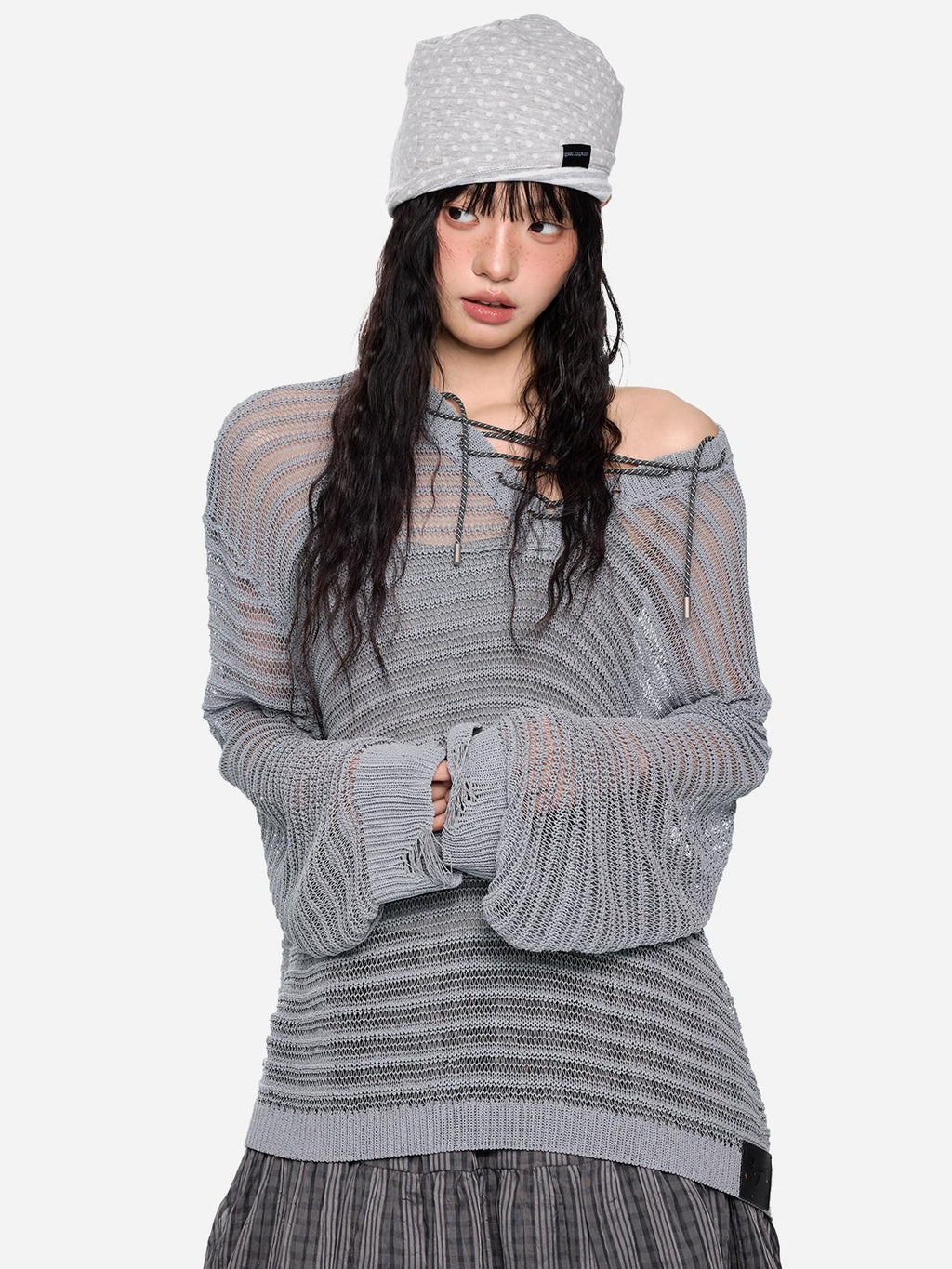 EZEK Striped Hollow Lace Up Henley Women's Acrylic Nylon Blend Long Sleeve T-shirts