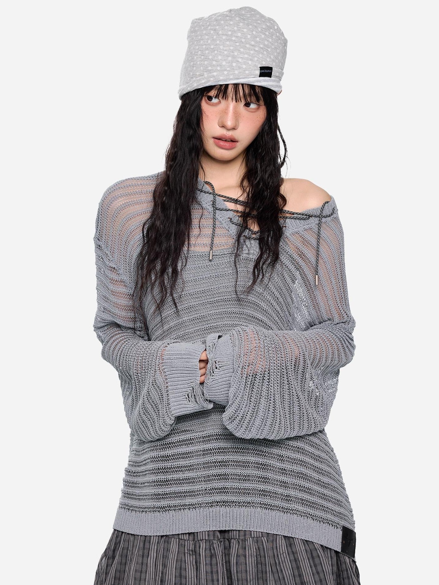 EZEK Striped Hollow Lace Up Henley Women's Acrylic Nylon Blend Long Sleeve T-shirts