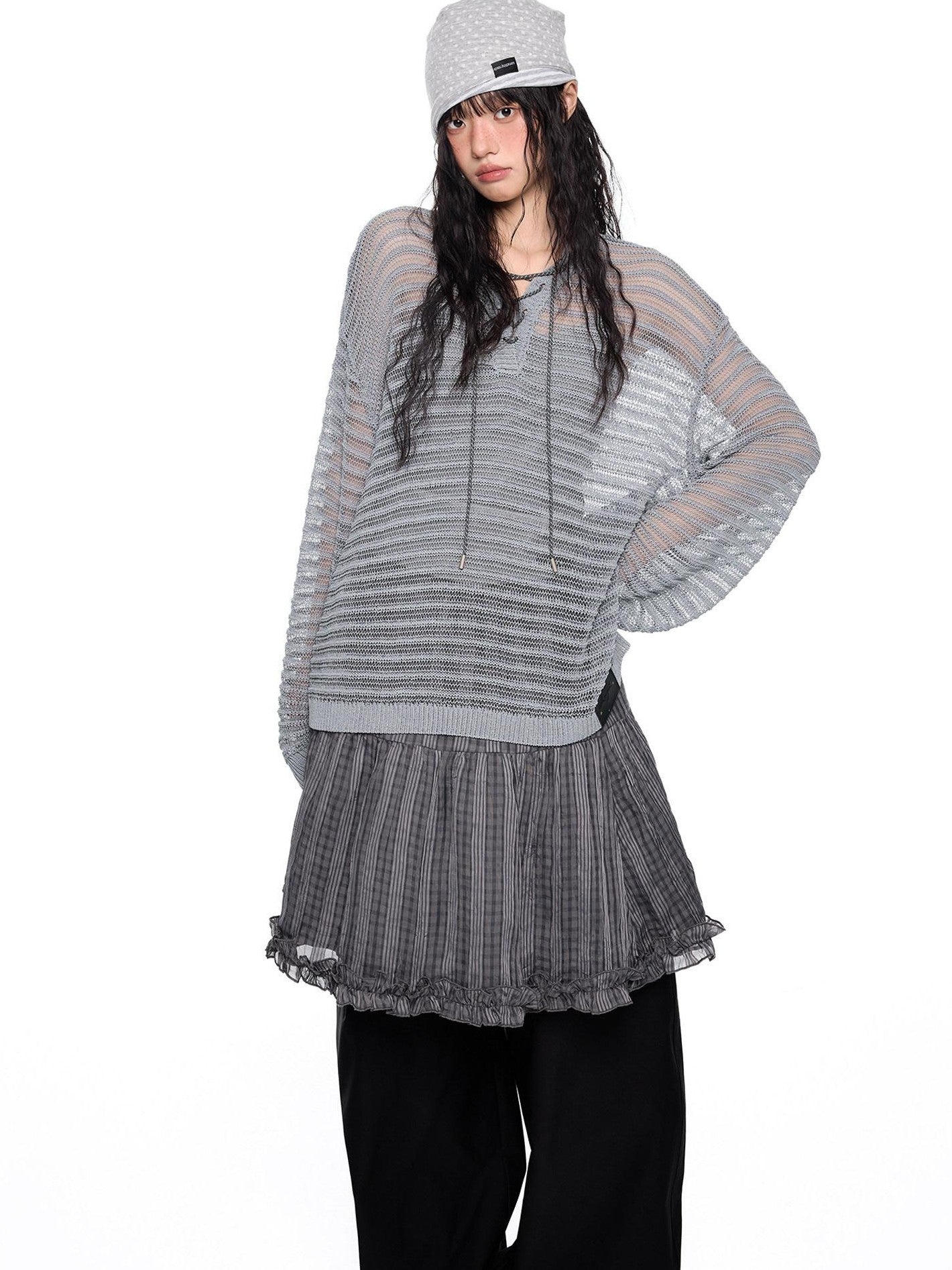 EZEK Striped Hollow Lace Up Henley Women's Acrylic Nylon Blend Long Sleeve T-shirts