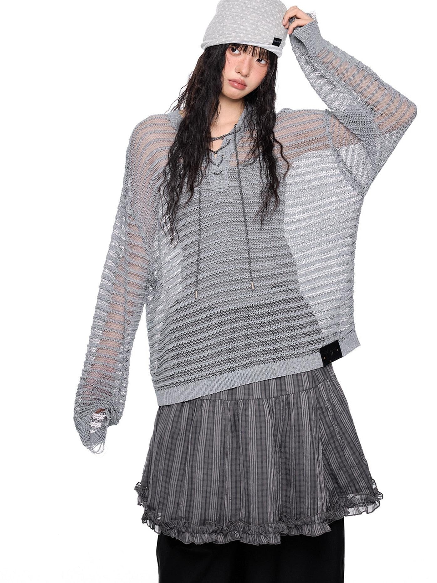 EZEK Striped Hollow Lace Up Henley Women's Acrylic Nylon Blend Long Sleeve T-shirts