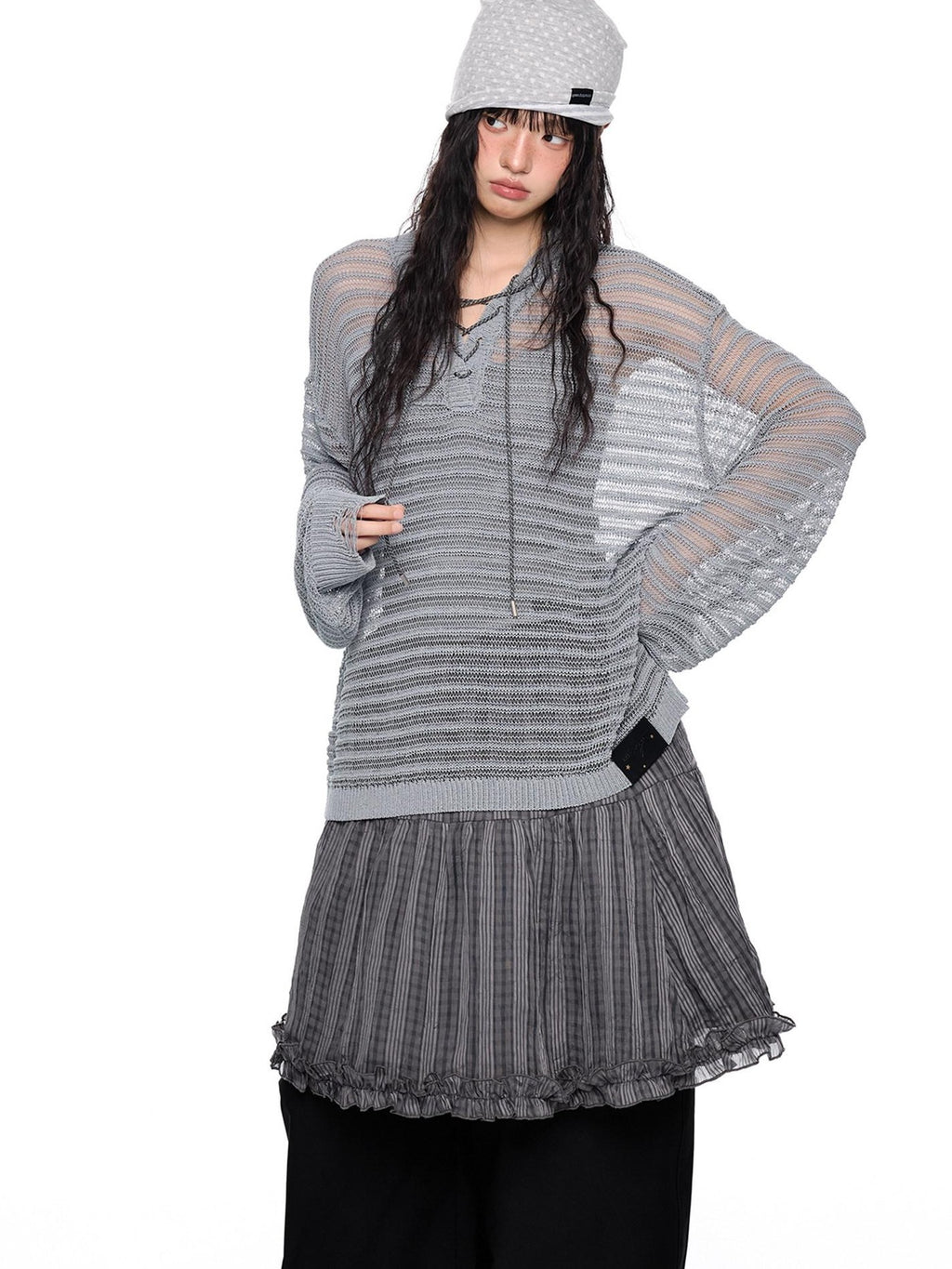 EZEK Striped Hollow Lace Up Henley Women's Acrylic Nylon Blend Long Sleeve T-shirts