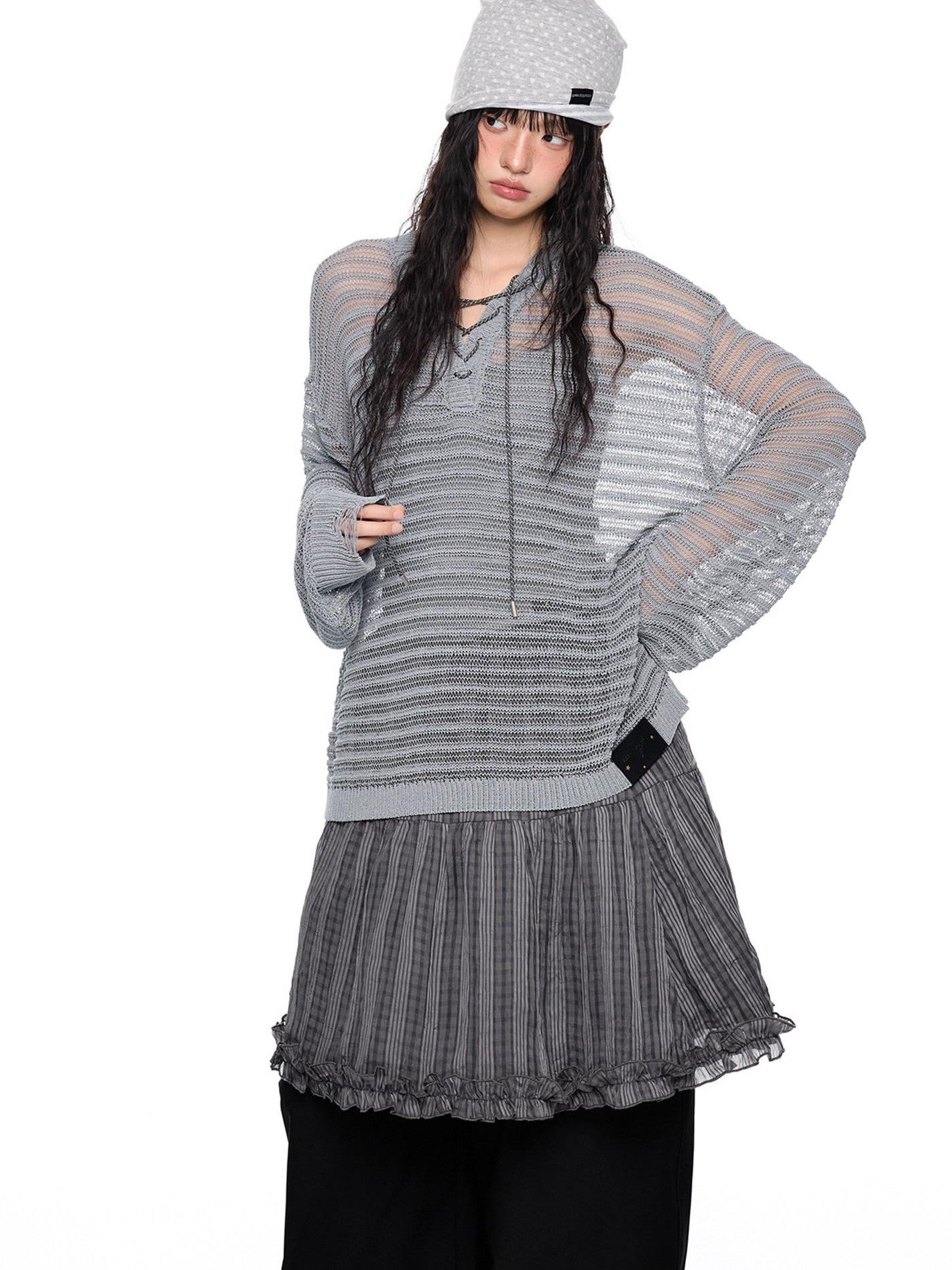 EZEK Striped Hollow Lace Up Henley Women's Acrylic Nylon Blend Long Sleeve T-shirts