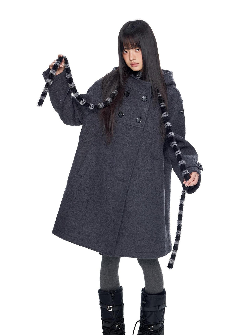 EZEK Striped Hooded Double Breasted Collegiate Women's Wool Blend Long Coats