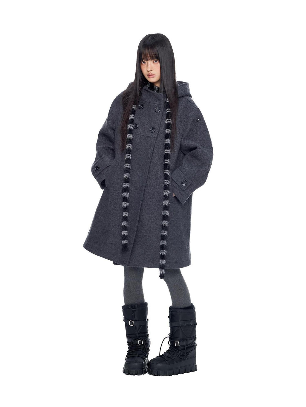 EZEK Striped Hooded Double Breasted Collegiate Women's Wool Blend Long Coats