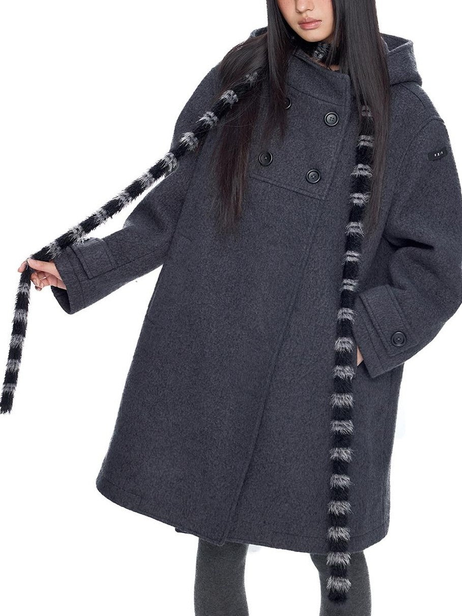 EZEK Striped Hooded Double Breasted Collegiate Women's Wool Blend Long Coats