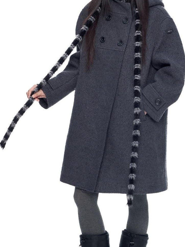 EZEK Striped Hooded Double Breasted Collegiate Women's Wool Blend Long Coats
