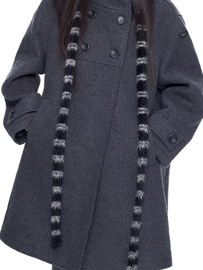 EZEK Striped Hooded Double Breasted Collegiate Women's Wool Blend Long Coats