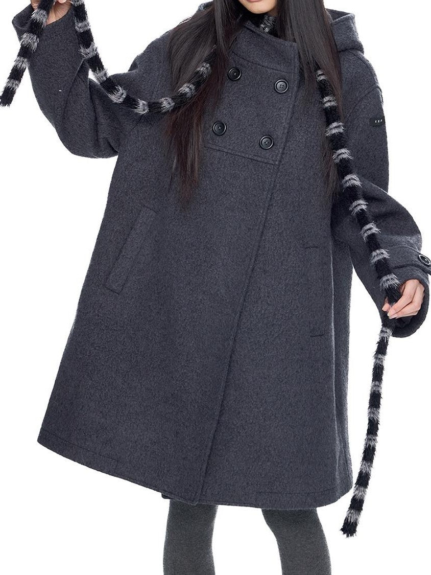 EZEK Striped Hooded Double Breasted Collegiate Women's Wool Blend Long Coats