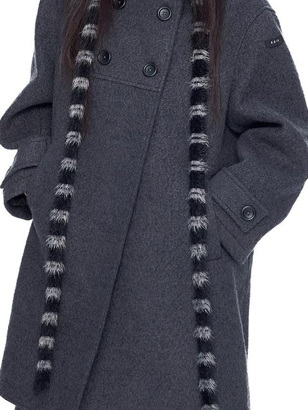 EZEK Striped Hooded Double Breasted Collegiate Women's Wool Blend Long Coats