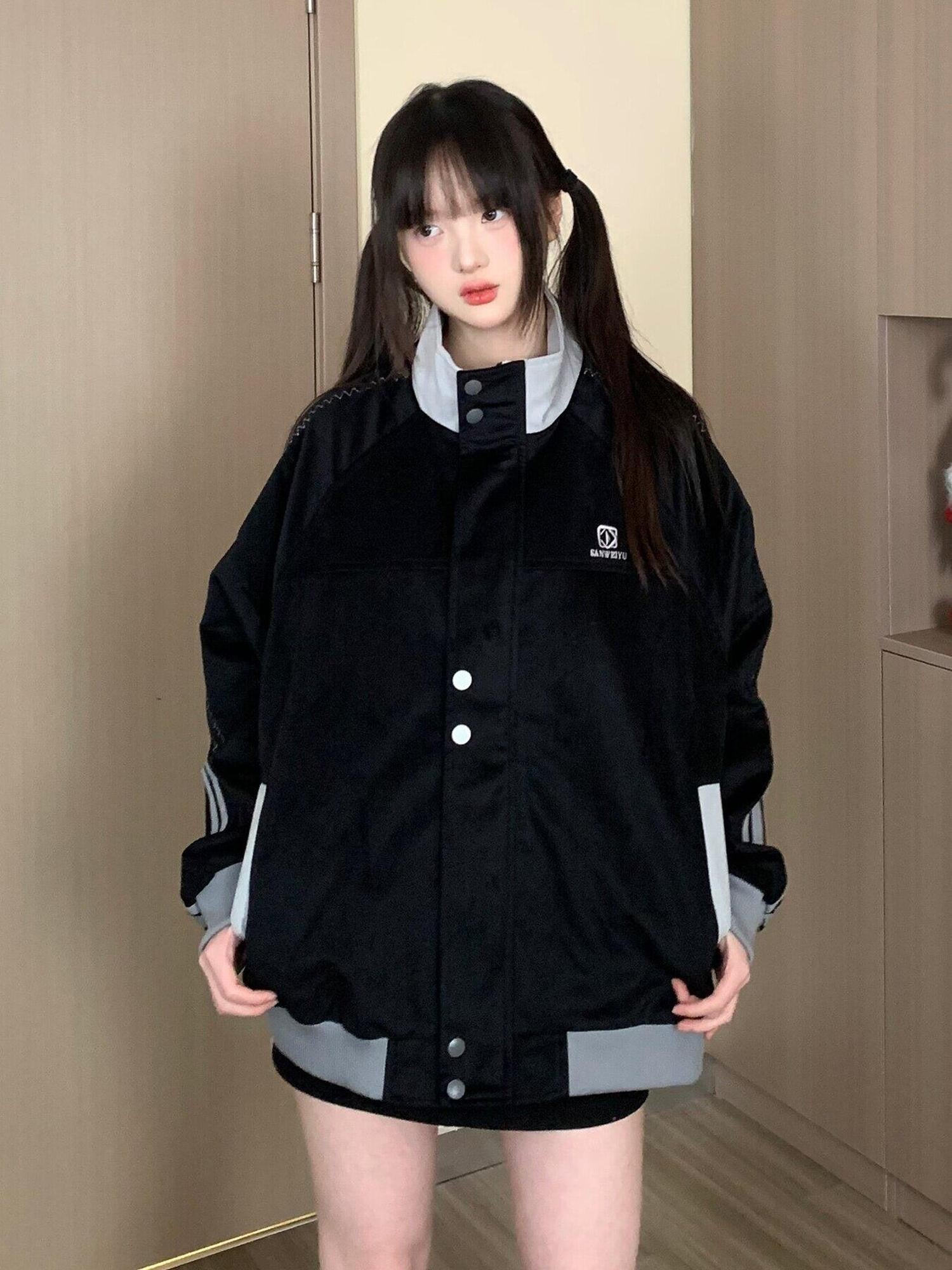 EZEK Striped Letter Embroidered Stand Collar Zipper Loose Women's Casual Jackets
