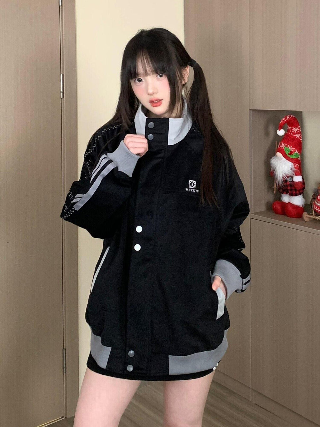 EZEK Striped Letter Embroidered Stand Collar Zipper Loose Women's Casual Jackets