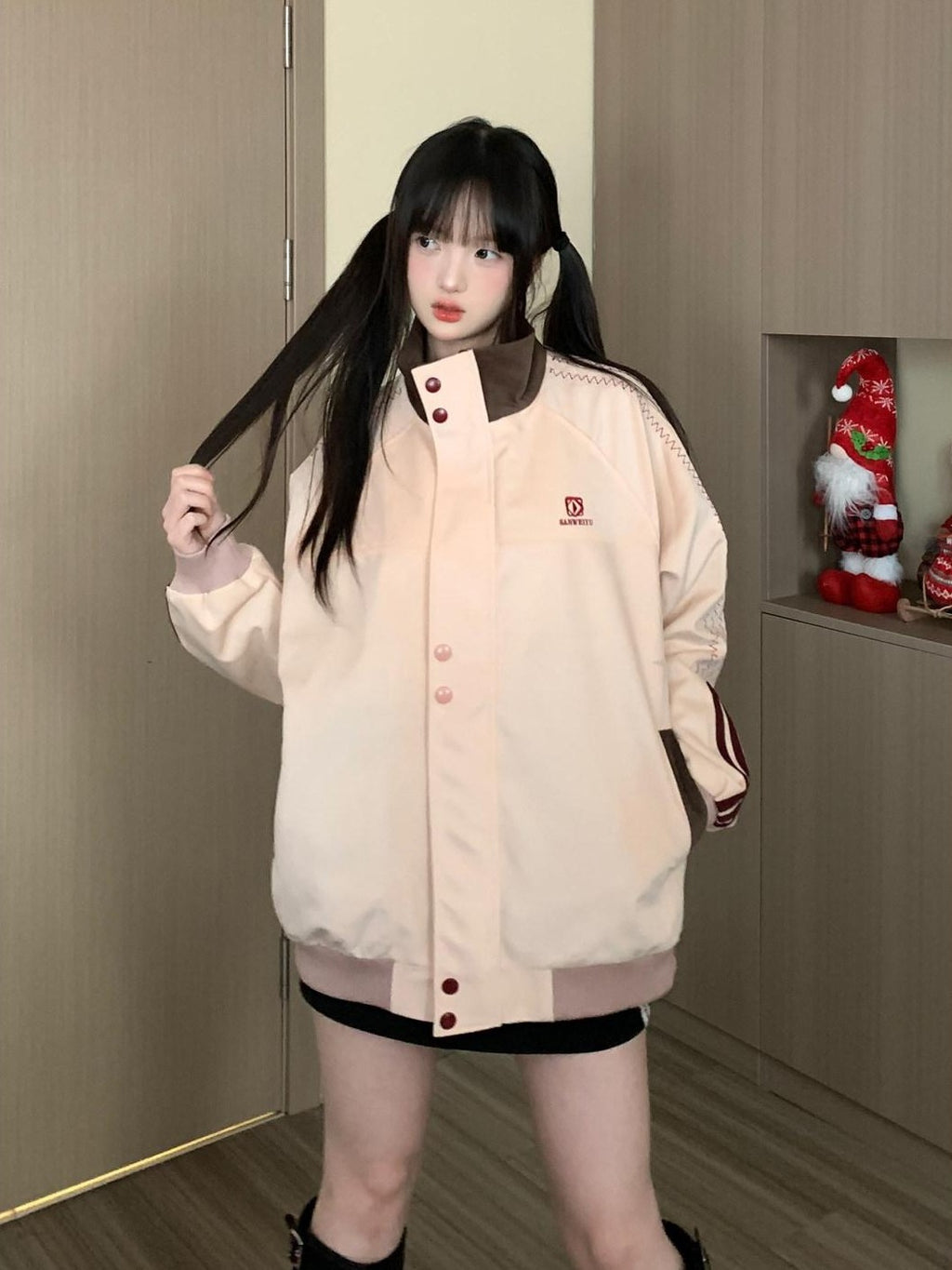 EZEK Striped Letter Embroidered Stand Collar Zipper Loose Women's Casual Jackets