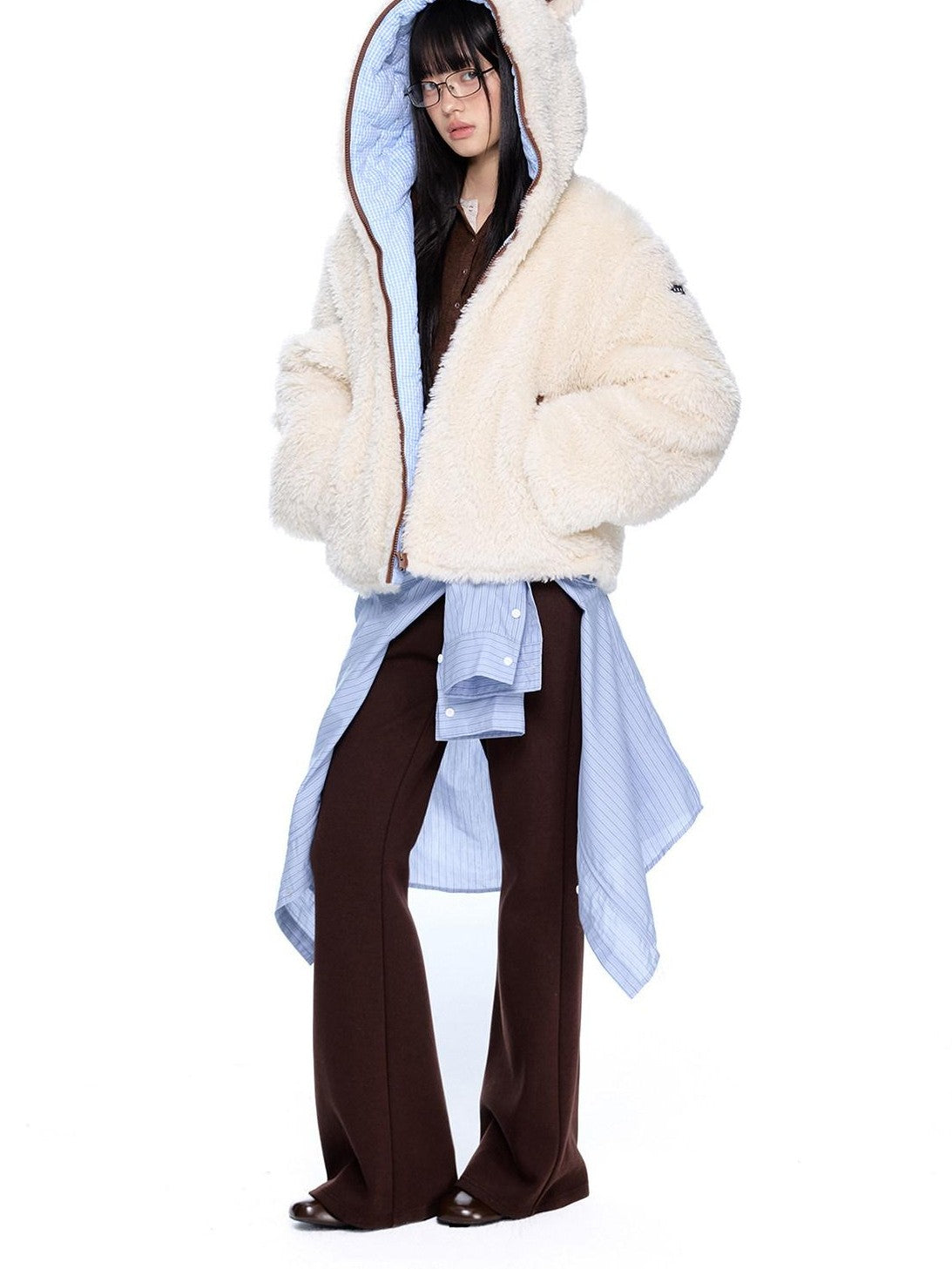 EZEK Striped Panel Faux Shearling Detachable Hood Women's Cotton Puffer Jackets