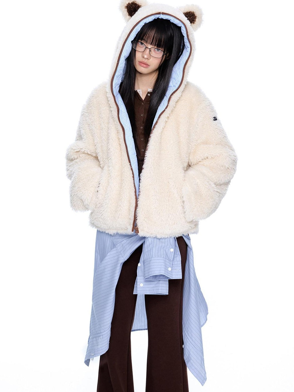 EZEK Striped Panel Faux Shearling Detachable Hood Women's Cotton Puffer Jackets