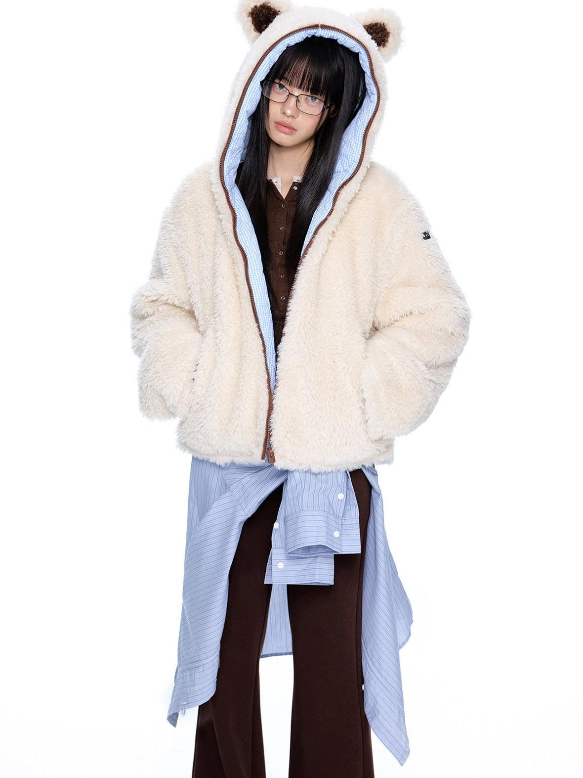 EZEK Striped Panel Faux Shearling Detachable Hood Women's Cotton Puffer Jackets