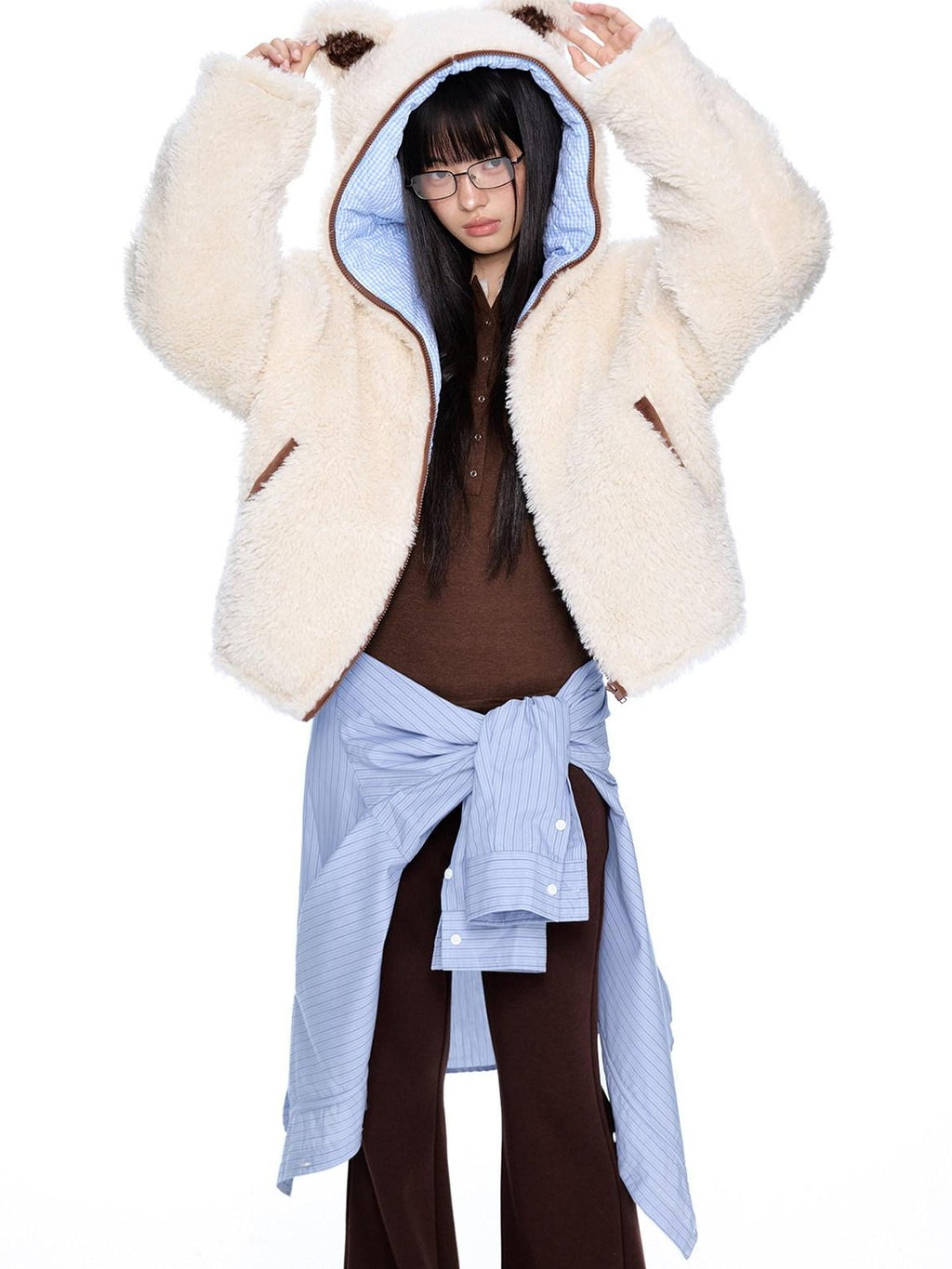 EZEK Striped Panel Faux Shearling Detachable Hood Women's Cotton Puffer Jackets