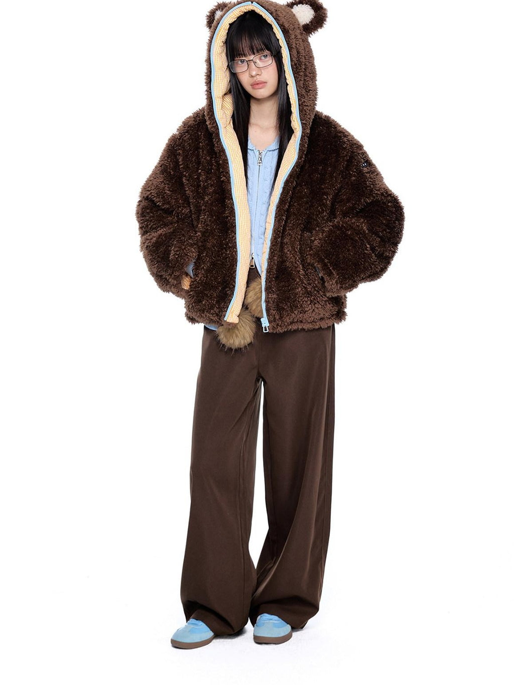 EZEK Striped Panel Faux Shearling Detachable Hood Women's Cotton Puffer Jackets