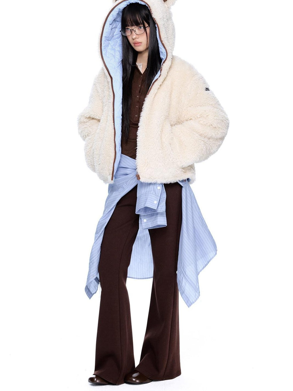 EZEK Striped Panel Faux Shearling Detachable Hood Women's Cotton Puffer Jackets