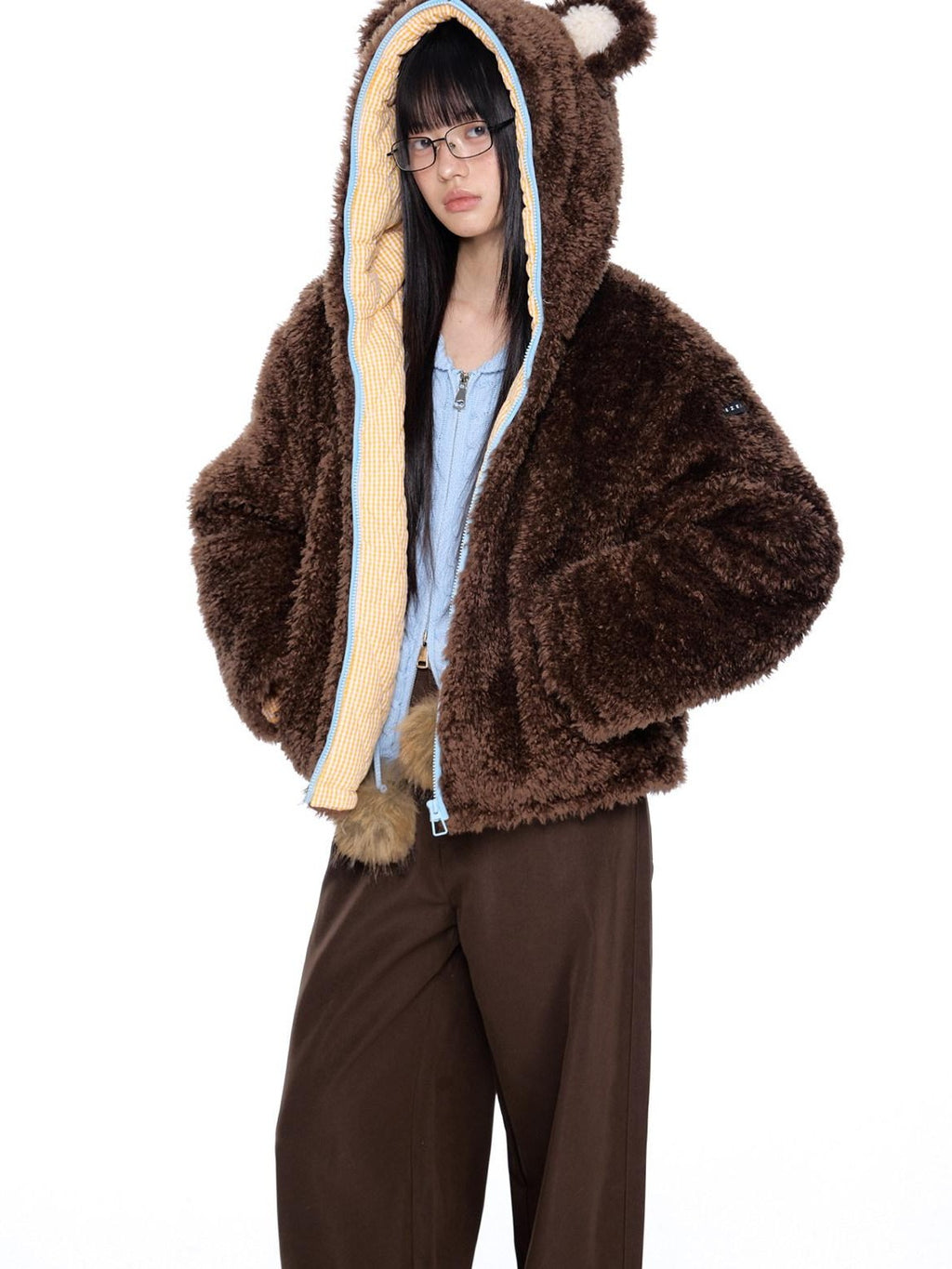EZEK Striped Panel Faux Shearling Detachable Hood Women's Cotton Puffer Jackets