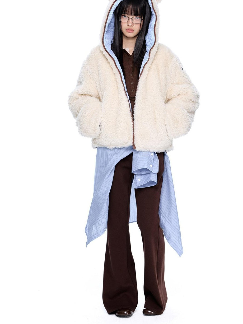 EZEK Striped Panel Faux Shearling Detachable Hood Women's Cotton Puffer Jackets