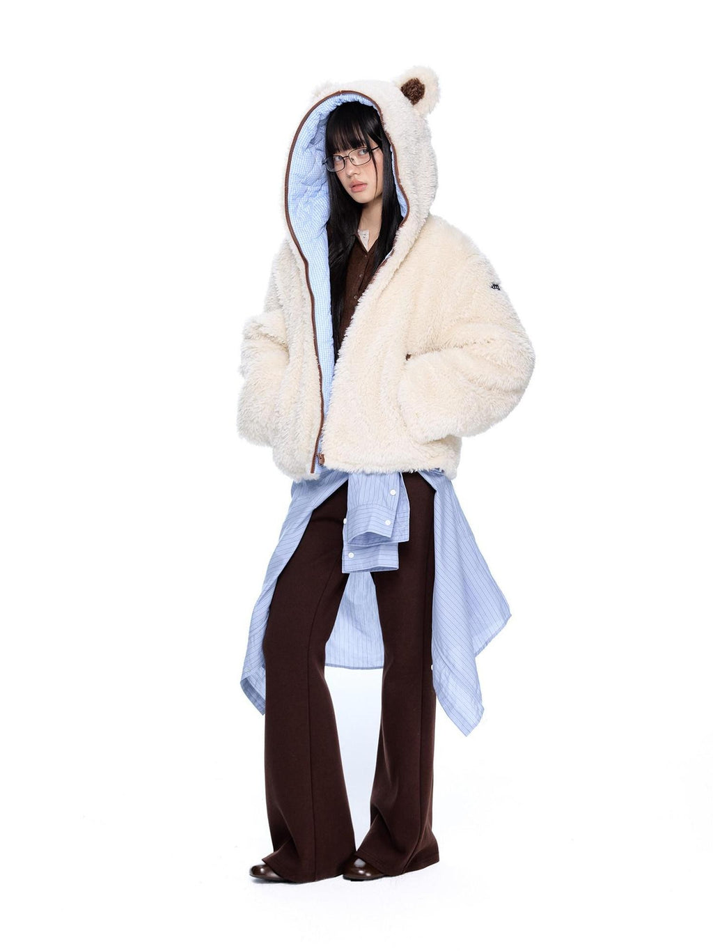 EZEK Striped Panel Faux Shearling Detachable Hood Women's Cotton Puffer Jackets