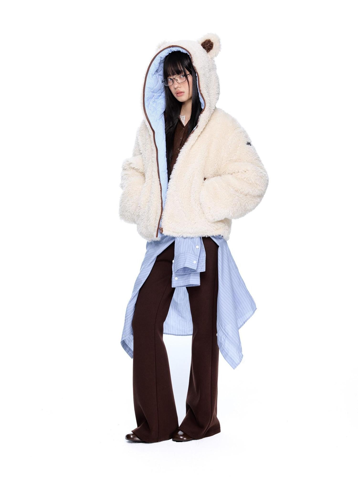 EZEK Striped Panel Faux Shearling Detachable Hood Women's Cotton Puffer Jackets