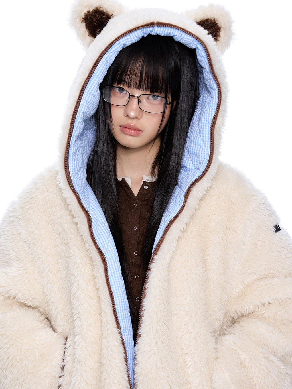 EZEK Striped Panel Faux Shearling Detachable Hood Women's Cotton Puffer Jackets