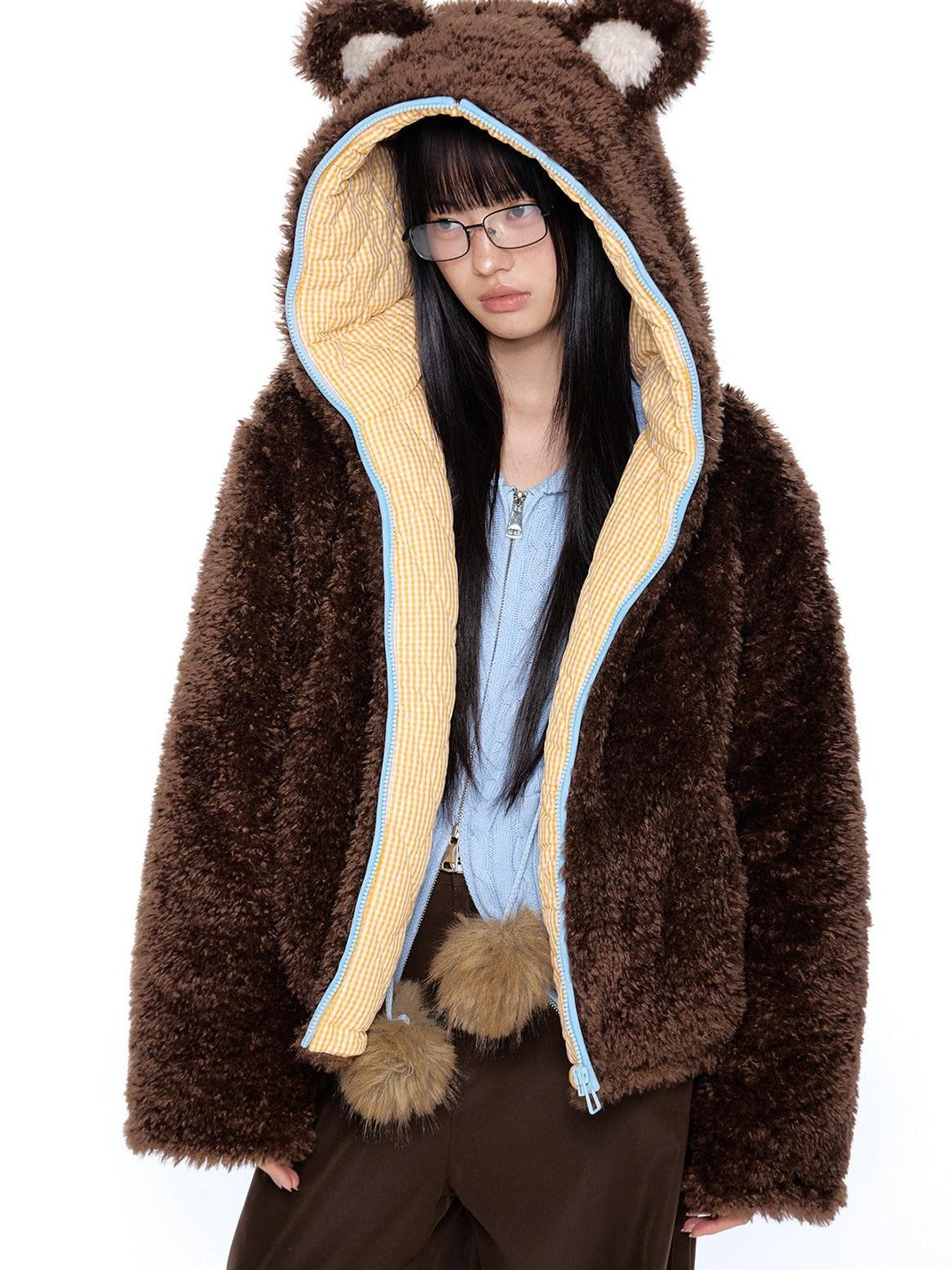 EZEK Striped Panel Faux Shearling Detachable Hood Women's Cotton Puffer Jackets