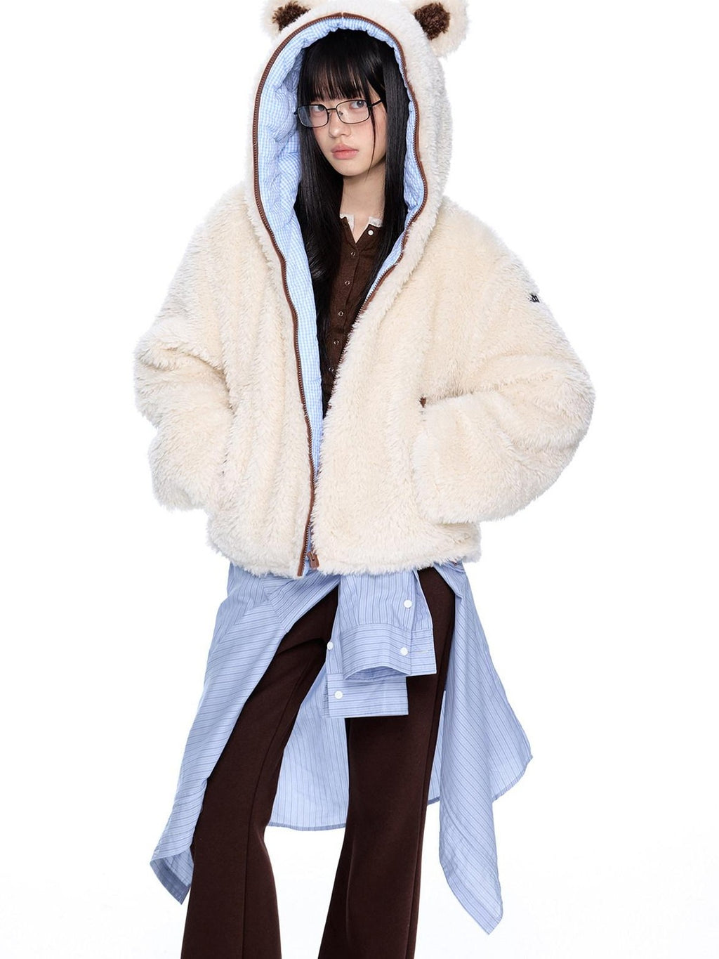 EZEK Striped Panel Faux Shearling Detachable Hood Women's Cotton Puffer Jackets