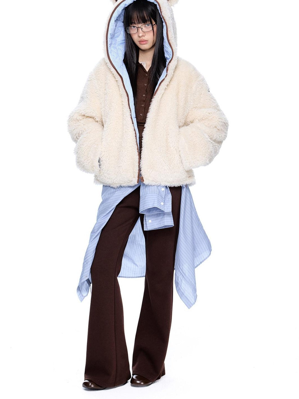 EZEK Striped Panel Faux Shearling Detachable Hood Women's Cotton Puffer Jackets