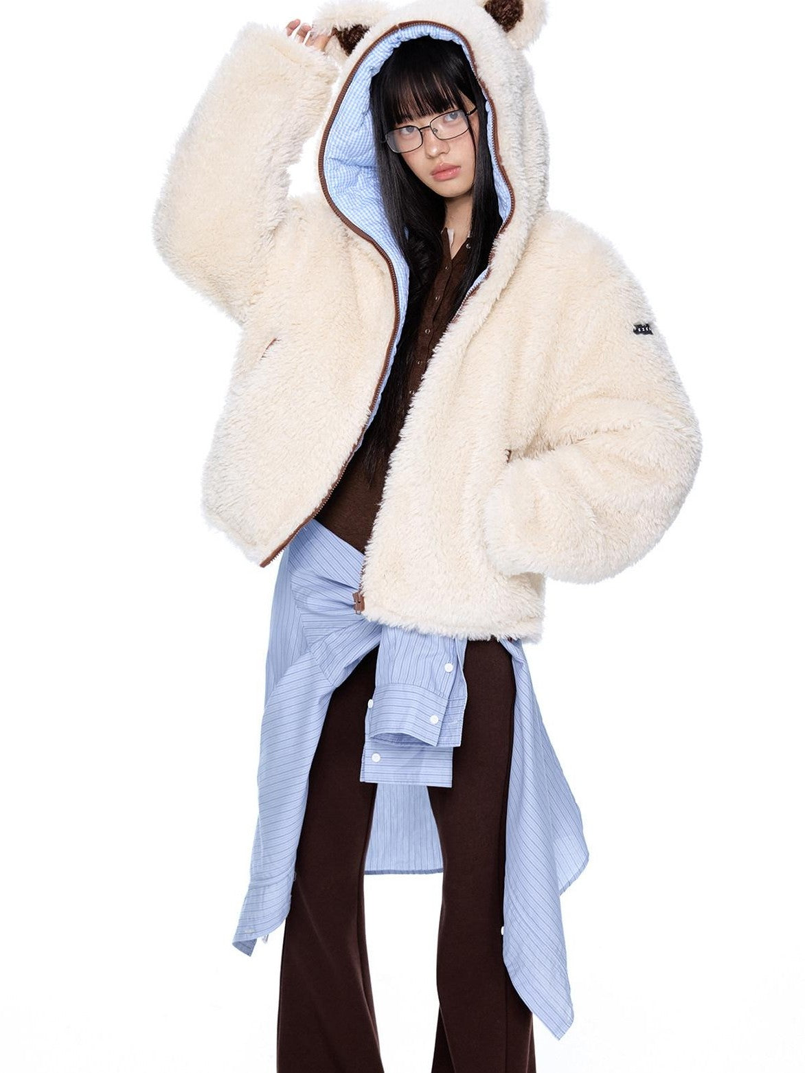 EZEK Striped Panel Faux Shearling Detachable Hood Women's Cotton Puffer Jackets